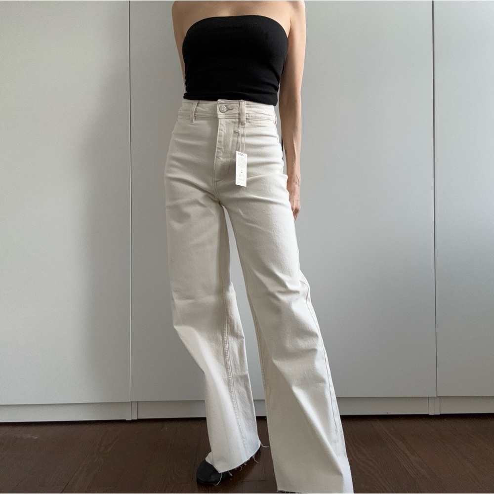 NWT Mango cream culotte raw hem wide leg denim pants sz 2 - Picture 2 of 5